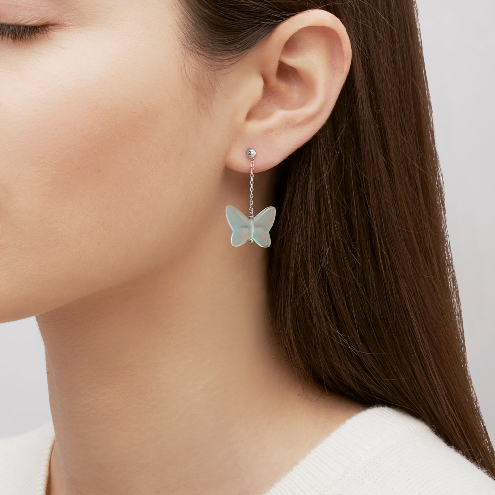 Lalique Papillon Pierced Earrings, Silver, Lagoon Green Crystal